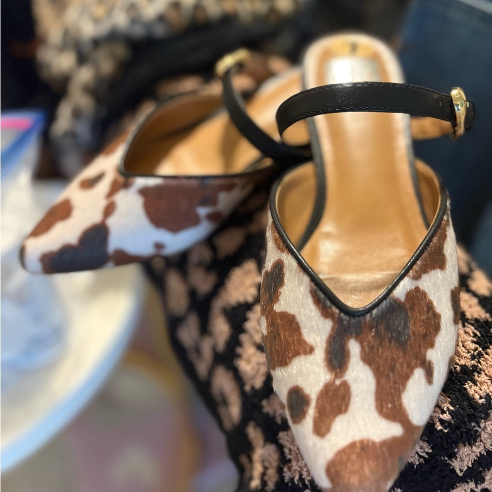DV by Dolce Cow Print Faux Fur Mules EUC